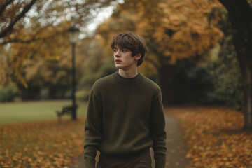 Young man in green sweater walking through autumn park surrounded by orange leaves and quiet paths