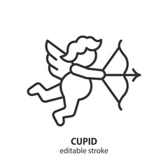 Flying cupid with bow and arrow line icon. Valentine's Day symbol. Editable stroke. Vector illustration.