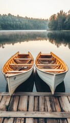 Obraz premium Two wooden boats on a calm lake at dawn. Serene morning scene reflected in still water.