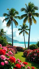 Palm trees sway in the breeze amidst colorful flowers, scenery, palm tree