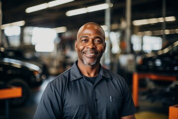 Obraz premium Smiling portrait of a middle aged African American car mechanic in workshop