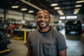 Obraz premium Smiling portrait of a middle aged African American car mechanic in workshop