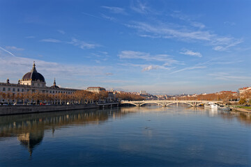 LYON, November 26, 2024 : Hotel-Dieu and the banks of Rhone river in City Center