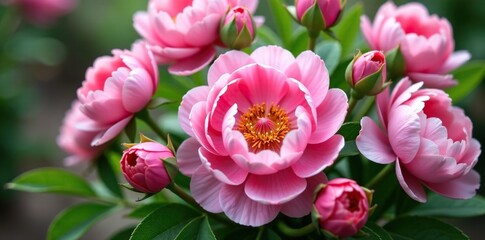 Obraz premium Pink peonies and garden roses in a lush, full bouquet, with greenery and foliage, fresh cut, spring