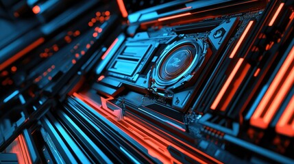 A futuristic, abstract representation of a circuit board with glowing elements.