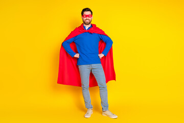 Full body photo of attractive young man confident superhero pose dressed stylish blue clothes...