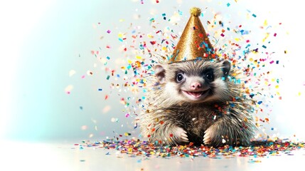 Smiling pangolin celebrates with metallic gold party hat and colorful confetti