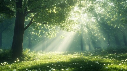 Obraz premium Serene Forest with Sun Rays and Lush Greenery. Generative AI