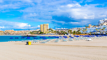View of Playa de Las Vistas beach and town of Playa de las Am&eacute;ricas in the background, Tenerife, Canary Island, Spain