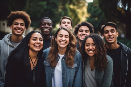 Group portrait of a smiling diverse students on college campus