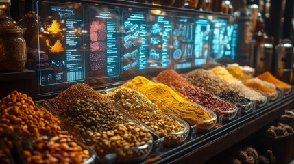 Futuristic Smart Spice Bazaar with Digital Displays. Generative AI