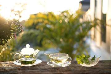 Persicaria odorata Vietnamese coriander and lemon balm tea in a glass pot and cup