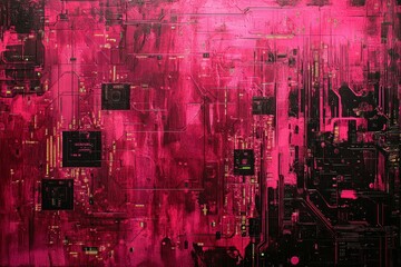 Abstract pink artwork, circuit board design, textured paint.