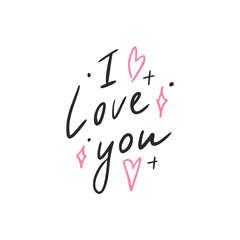 Hand drawn illustration of heart and lettering: I love you . Heart with angel wings, cupid, love. in doodle style. Grunge brush stroke for Valentine's Day. Vector icon on white background.