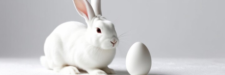 Obraz premium White rabbit and white egg. Copy space for text Easter banner