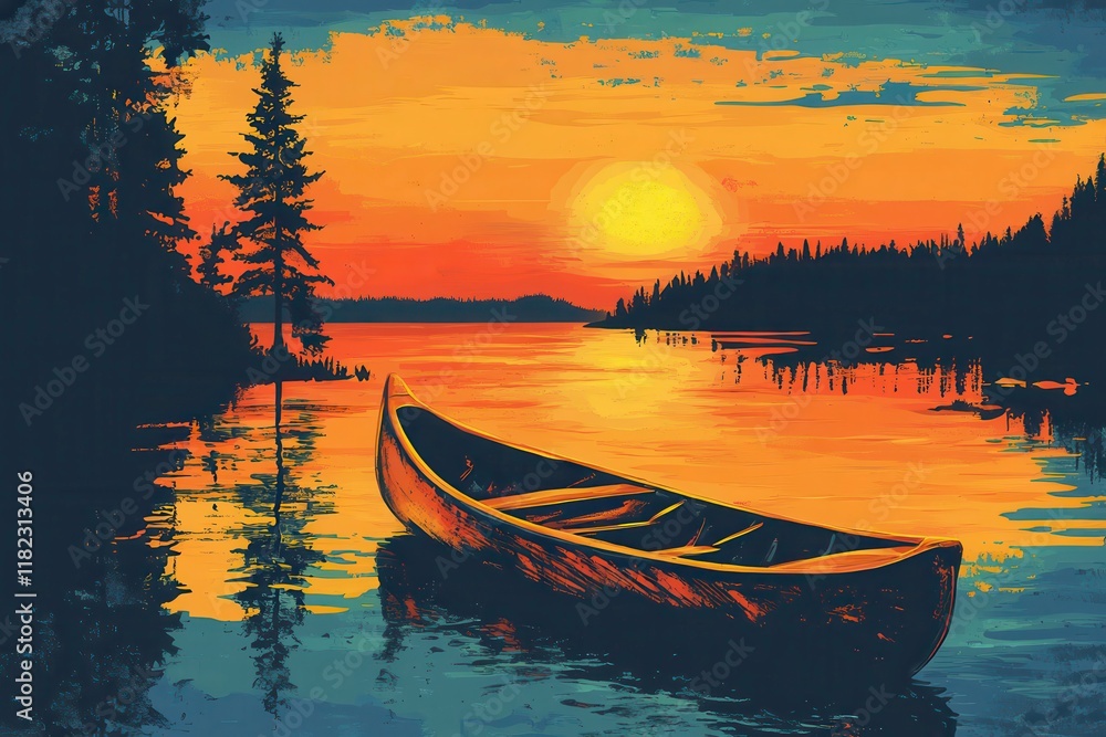 Poster canoe at sunset on a tranquil lake surrounded by trees in a vibrant hand-drawn vector style. generat