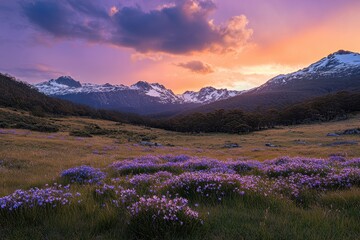 Obraz premium Vibrant wildflowers bloom in a serene valley with snow-capped mountains during sunset