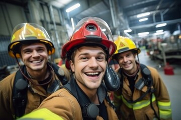 Fototapeta premium Portrait of a smiling group of firefighters taking selfie at station