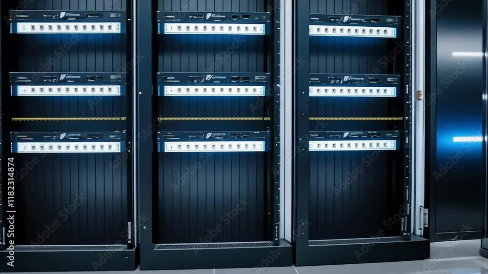 Poster video showcases modern data center with neatly arranged servers, highlighting technology and infrast