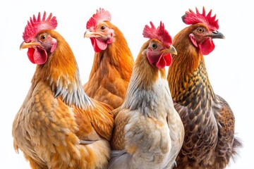 Vintage Photo of Four Hens Isolated on White Background - Rustic Farm Animals