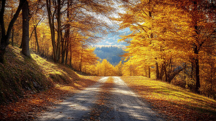 Obraz premium Road in mountains at sunny day in golden autumn.