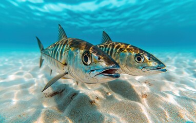 Naklejka premium Mackerel Fish Swimming in Shallow Waters