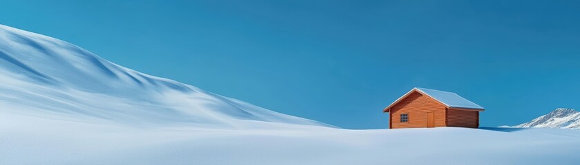 A quaint wooden cabin stands alone in a vast, snowy landscape under a clear blue sky, creating a serene winter scene.