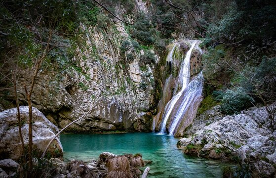 Polylimnio Amazing Emerald Waterfall in the Peloponnese Peninsula. Greece