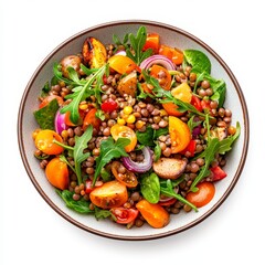 Vibrant vegetarian salad featuring lentils, fresh herbs, and a mix of colorful vegetables in a bowl.