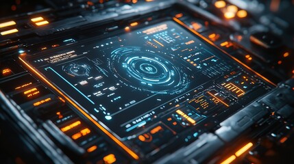 Obraz premium A smart home control panel with a holographic display, futuristic interior with seamless tech integration 