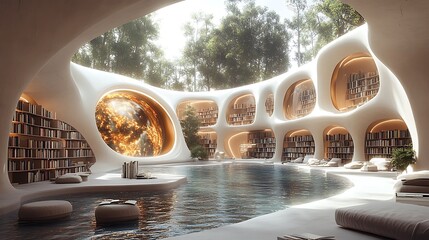 Fototapeta premium Futuristic Library Design With Indoor Pool and Earth View