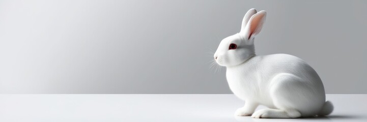 Obraz premium White rabbit in a white room. Happy Easter holiday. Copy space for text banner