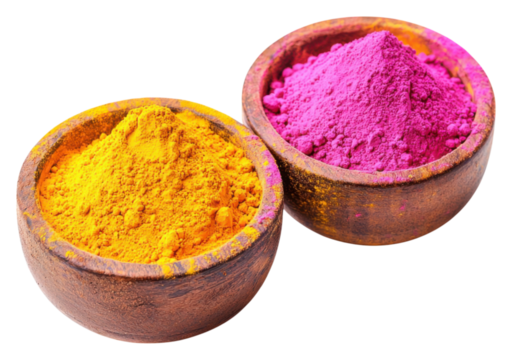 Two clay bowls filled with vibrant yellow and pink powdered pigments. - Powered by Adobe