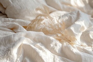 Obraz premium Soft linen bedding with dried pampas grass. A calming and serene image perfect for home decor and lifestyle branding.