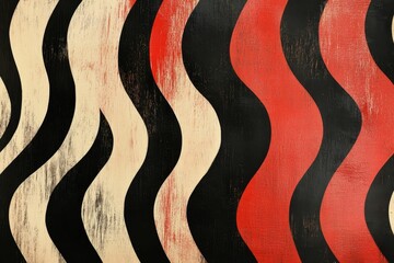 Obraz premium Wavy stripes, black, red, beige; textured paint.
