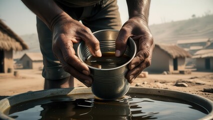Water collection activity rural village outdoor scene early morning human interaction sustainability