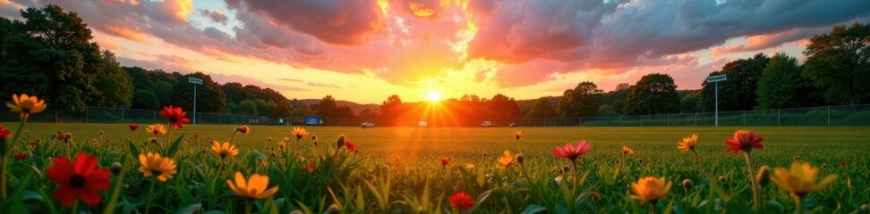 Sunset over a baseball field with lush green grass and vibrant flowers, stadiums, fields, sports