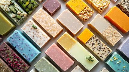 A selection of handmade soap blocks with different ingredients. Vegan and sustainable cosmetics for hand washing. Homemade soap bars 