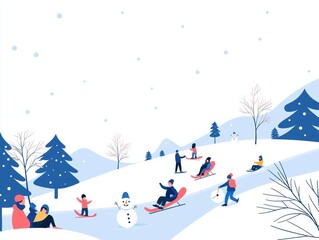 A cheerful winter scene featuring people sledding on snowy hills, a snowman, and evergreen trees amidst falling snowflakes.