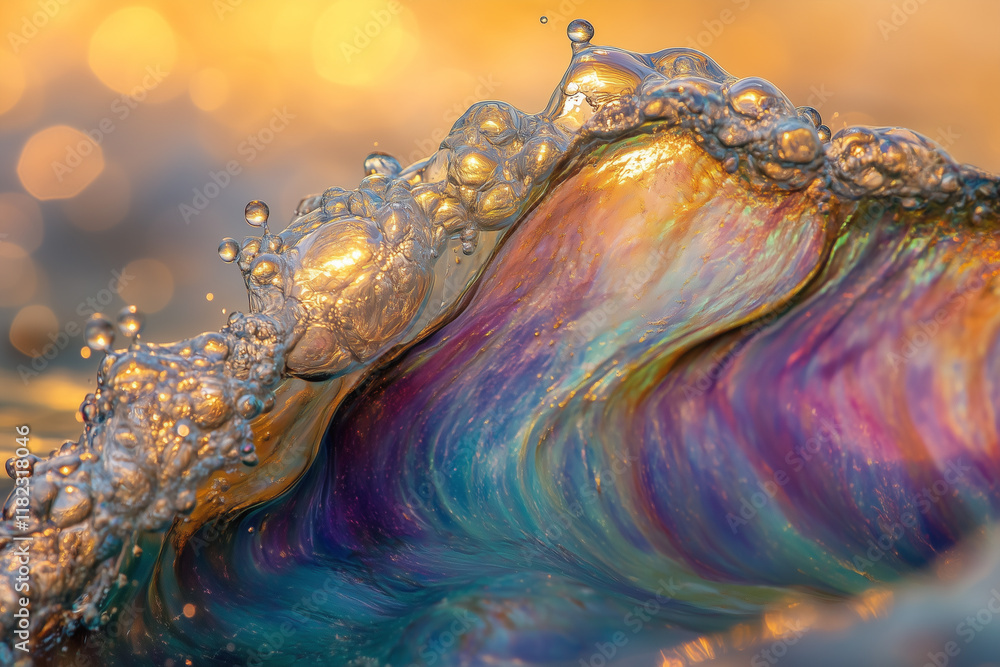 Poster dynamic underwater wave showcasing vibrant colors and intricate bubbles in a mesmerizing display of 