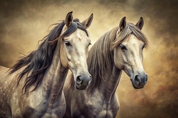 Obraz premium Vintage Portrait: Two Majestic Grey Horses, Timeless Equestrian Elegance