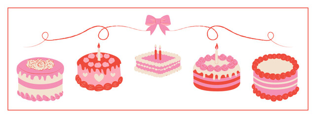 A set of vintage inspired birthday cakes with frosting and candles, Coquette style valentine's day cake in pink red colors. February 14.