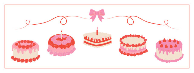 A set of vintage inspired birthday cakes with frosting and candles, Coquette style valentine's day cake in pink red colors. February 14.