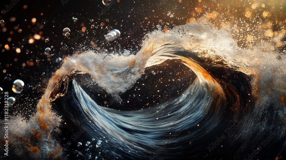 Poster dynamic underwater shot capturing a powerful wave breaking with bubbles and light reflections in cle