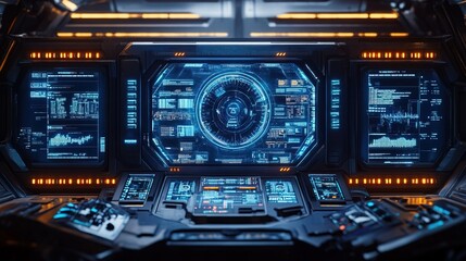 Fototapeta premium A holographic interface displaying complex data, blue neon glow, high-tech and sci-fi aesthetic