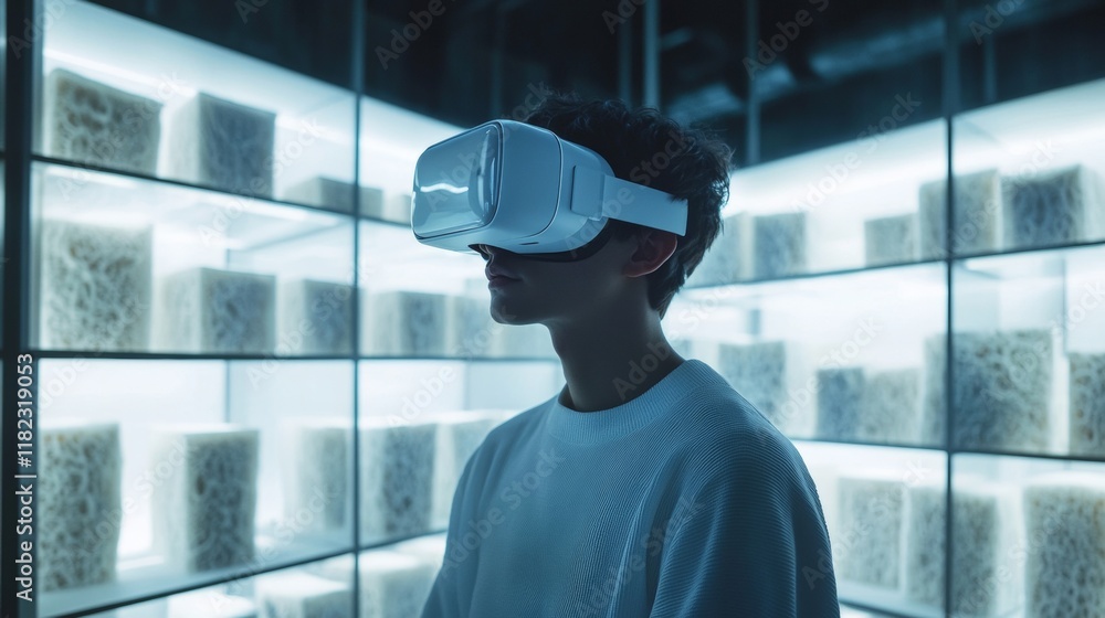Aufkleber immersive virtual reality experience with mycelium packaging in a futuristic setting