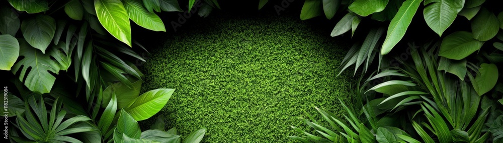 Poster green oasis: a circular frame of lush, vibrant foliage encircles a patch of verdant grass, creating 