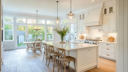Bright White Kitchen with Island and Garden View
