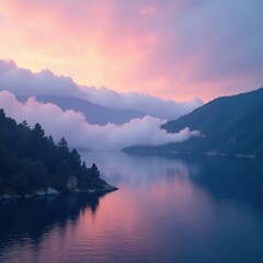 A misty morning with fog rolling in over the mountain near the bay, fog, bay