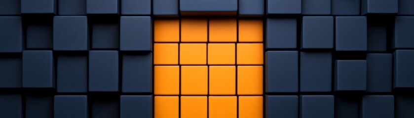 Orange Portal: Abstract 3D Rendering of Dark Blue Cubes with Orange Center